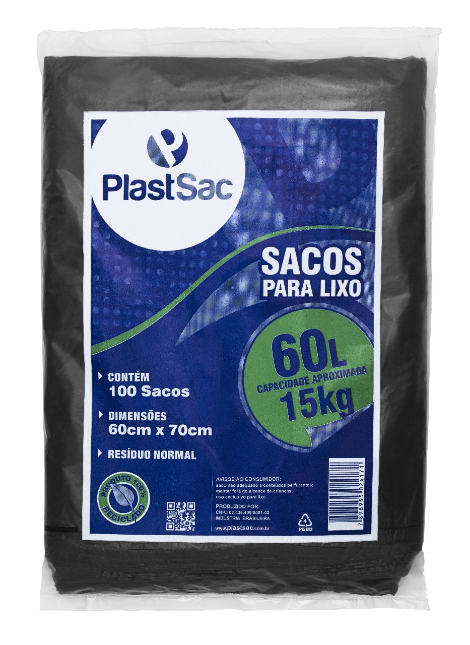 60 LITROS - 15 KG SACO PARA LIXO LINHA PADRÃO 60L / 15KG - 100un C/ST - Imagem 1
